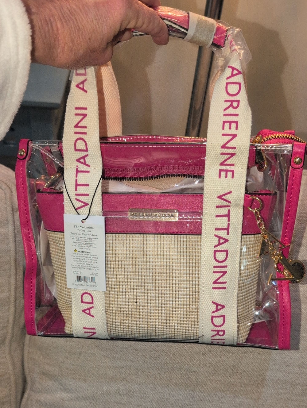 Adrienne Vittadini Clear Tote with Hot Pink Trim & Pouch Inside NWT